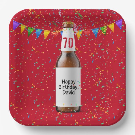 70歳の誕生日パーティーのビールボトル紙皿 ペーパープレート (正面)
