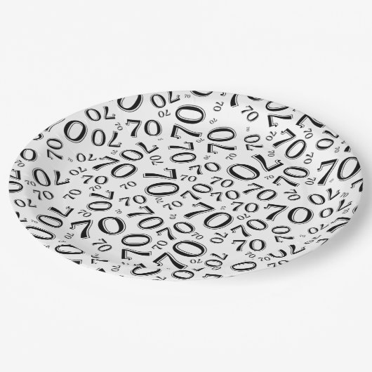 70歳の誕生日パーティーの番号(白黒) ペーパープレート (アングル)