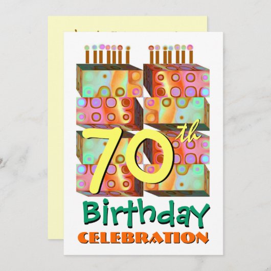 70歳の誕生日パーティーへの招待状キャンドルと贈り物 招待状 (正面/裏面)