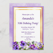 70歳の誕生日パーティーバイオレットパンジー花金ゴールド 招待状 (正面/裏面)