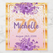 70歳の誕生日パーティーバラ金ゴールド紫の花 ワインラベル (シングルラベル)