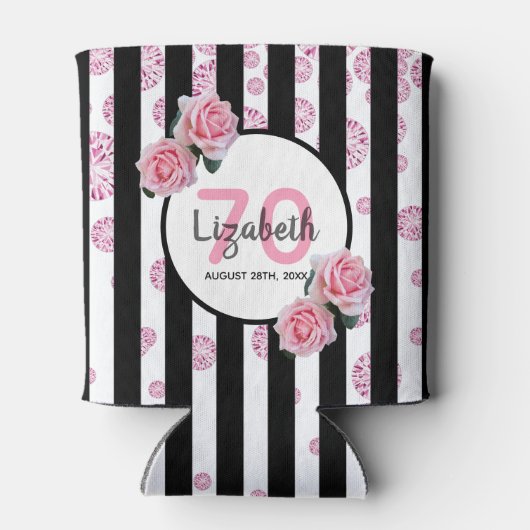 70歳の誕生日パーティーピンク花模様ストライプズグラム 缶クーラー (裏面)