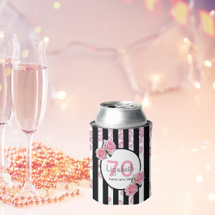 70歳の誕生日パーティーピンク花模様ストライプズグラム 缶クーラー