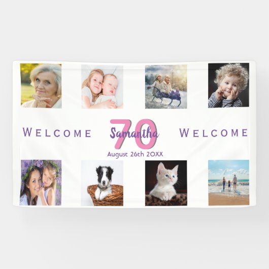 70歳の誕生日パーティー写真コラージュ女性ホワイト 横断幕 (横)