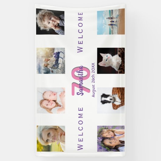 70歳の誕生日パーティー写真コラージュ女性ホワイト 横断幕 (縦)