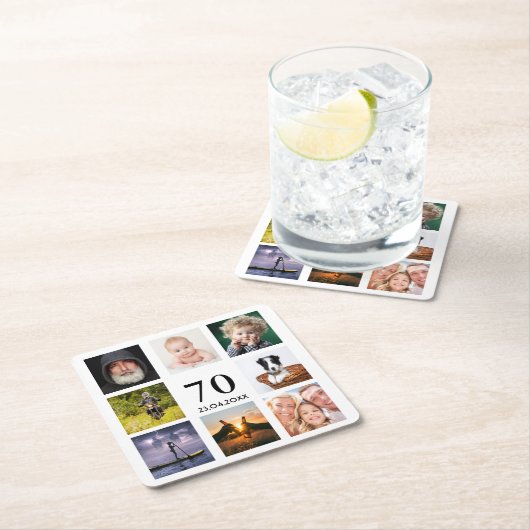 70歳の誕生日パーティー写真コラージュ男ホワイト スクエアペーパーコースター (インサイチュ)