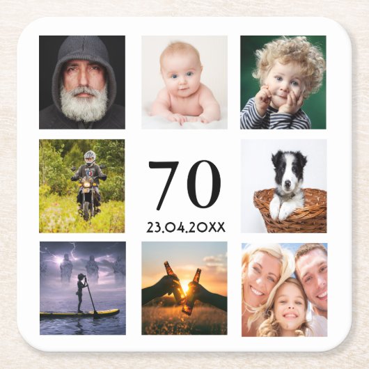 70歳の誕生日パーティー写真コラージュ男ホワイト スクエアペーパーコースター (正面)