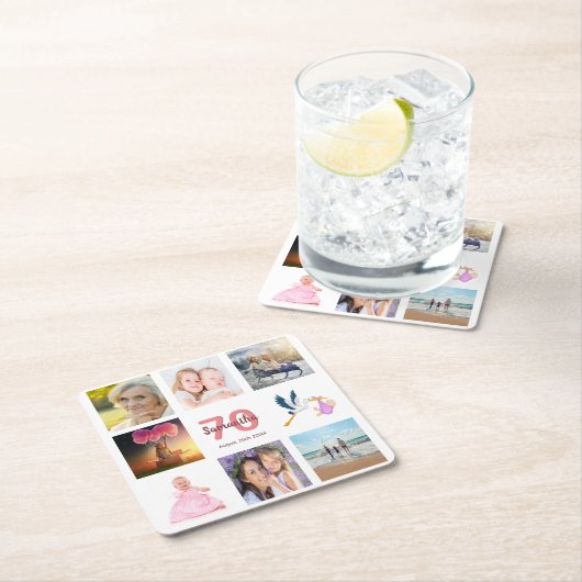 70歳の誕生日パーティー写真コラージュ白 スクエアペーパーコースター (インサイチュ)