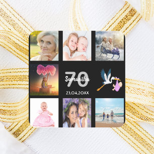 70歳の誕生日パーティー写真コラージュ黒 スクエアシール
