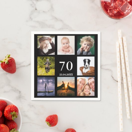 70歳の誕生日パーティー写真コラージュ黒 スタンダードカクテルナプキン (インサイチュ)