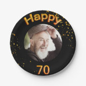 70歳の誕生日パーティー写真ブラック金ゴールド ペーパープレート (正面)