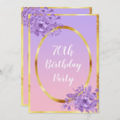 70歳の誕生日パーティー招待バラ金ゴールド紫 招待状 (正面/裏面)