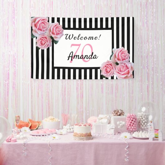 70歳の誕生日パーティー白黒ストライプ花模様 横断幕 (パーティー)