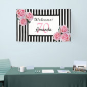 70歳の誕生日パーティー白黒ストライプ花模様 横断幕 (トレードショー)