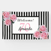 70歳の誕生日パーティー白黒ストライプ花模様 横断幕 (横)