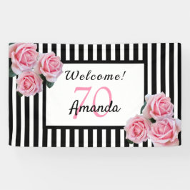 70歳の誕生日パーティー白黒ストライプ花模様 横断幕
