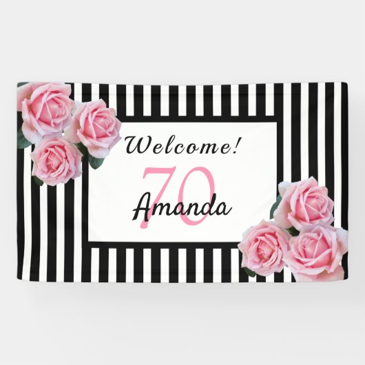 70歳の誕生日パーティー白黒ストライプ花模様 横断幕 (横)