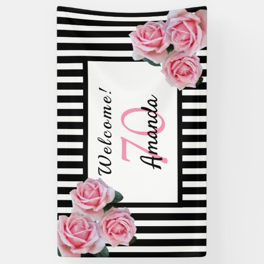 70歳の誕生日パーティー白黒ストライプ花模様 横断幕 (縦)