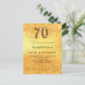 70歳の誕生日パーティー金ゴールドグリッター インビテーションポストカード (スタンド正面)