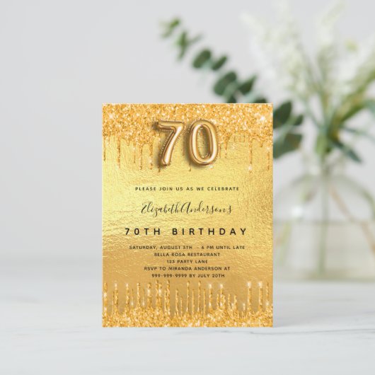 70歳の誕生日パーティー金ゴールドグリッター インビテーションポストカード (スタンド正面)
