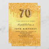 70歳の誕生日パーティー金ゴールドグリッター 招待状 (正面/裏面)