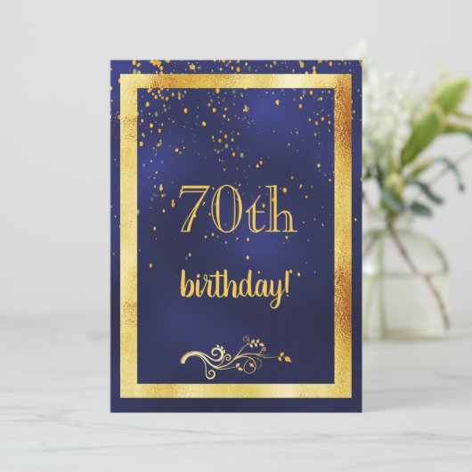 70歳の誕生日パーティー金ゴールド枠ブルー 招待状 (スタンド正面)