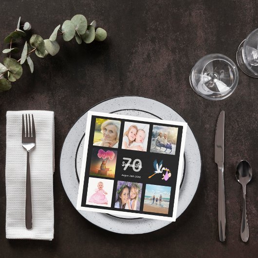 70歳の誕生日パーティー黒写真コラージュ名 スタンダードカクテルナプキン