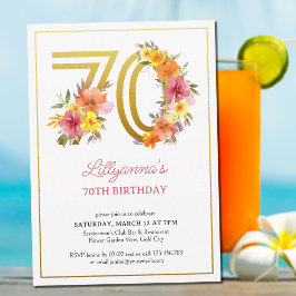 70歳の誕生日パーティー おしゃれな花とゴールドの数字70 招待状