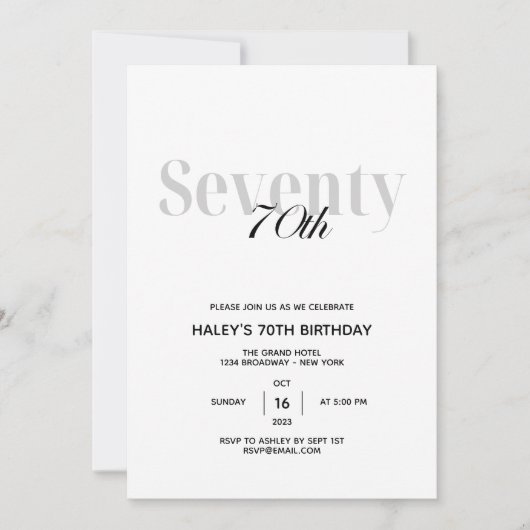 70歳の誕生日パーティー エレガント シック ブラック＆ホワイト 招待状 (正面)