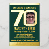 70歳の誕生日パーティー ゴルフ ビール 緑 金の写真 箔招待状 (正面)