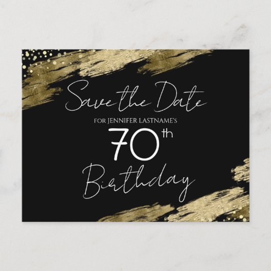 70歳の誕生日パーティー ゴールド ブラック Save the Date ポストカード (正面)