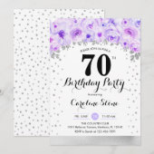70歳の誕生日パーティー - シルバー パープル フラワー 招待状 (正面/裏面)