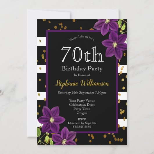 70歳の誕生日パーティー| ブラックとゴールドのグリッター 招待状 (正面)