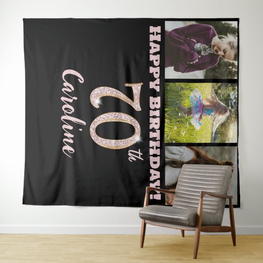 70歳の誕生日パーティー、ローズゴールドのグリッター & 3枚の写真 タペストリー (インサイチュ(横))