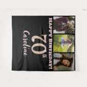 70歳の誕生日パーティー、ローズゴールドのグリッター & 3枚の写真 タペストリー (正面(横))