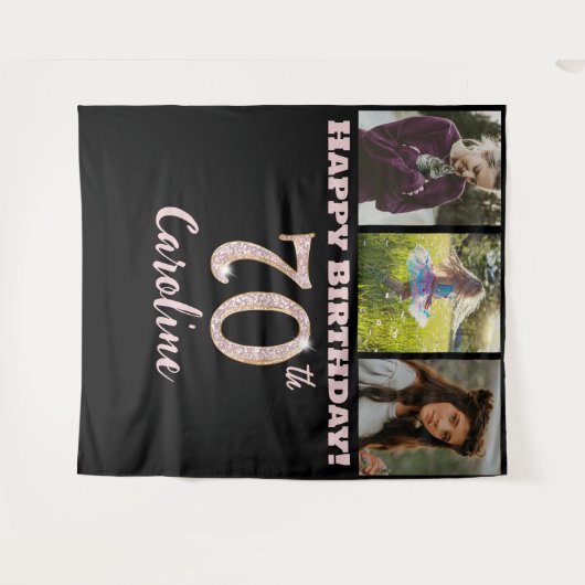 70歳の誕生日パーティー、ローズゴールドのグリッター & 3枚の写真 タペストリー (正面(横))