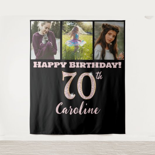 70歳の誕生日パーティー、ローズゴールドのグリッター & 3枚の写真 タペストリー (正面)