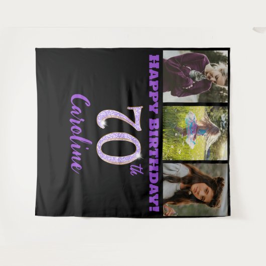 70歳の誕生日パーティー、紫のグリッター & 3枚の写真 タペストリー (正面(横))