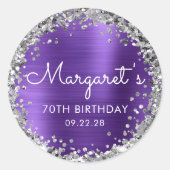 70歳の誕生日パーティー 紫 銀のグリッター ラウンドシール (正面)