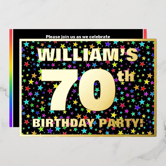 70歳の誕生日パーティー - 面白くてカラフルな星柄 箔招待状 (正面/裏面)