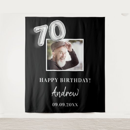 70歳の誕生日パーティー 黒い写真 名前 男 タペストリー (正面)