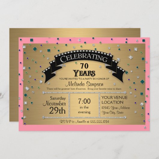 70歳の誕生日パーティ祝フェイクーの宝石紙吹雪 招待状 (正面/裏面)