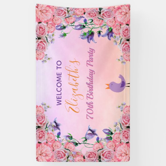 70歳の誕生日ピンクのスミレ園花模様かわいい鳥 横断幕 (縦)
