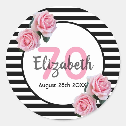 70歳の誕生日ピンクのバラ白黒ストライプ ラウンドシール (正面)