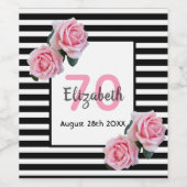 70歳の誕生日ピンクのバラ白黒ストライプ ワインラベル (シングルラベル)