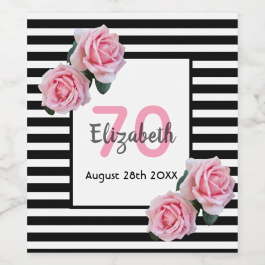 70歳の誕生日ピンクのバラ白黒ストライプ ワインラベル (シングルラベル)
