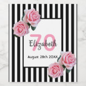 70歳の誕生日ピンクのバラ白黒ストライプ ワインラベル (シングルラベル)