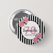 70歳の誕生日ピンクのバラ白黒ストライプ 缶バッジ (正面&裏面)