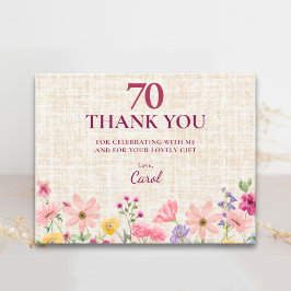 70歳の誕生日ピンクのワイルドフラワーリネン感謝 サンキューカード