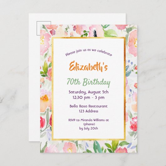70歳の誕生日ピンクの水色の花模様 ポストカード (正面/裏面)
